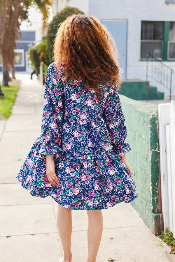 Feeling Joyful Navy Floral Bow Tie Babydoll Long Ruffle Sleeve Dress - Coeur de la Mode