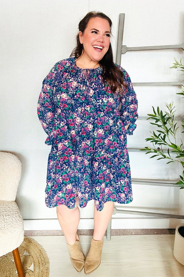 Feeling Joyful Navy Floral Bow Tie Babydoll Long Ruffle Sleeve Dress - Coeur de la Mode