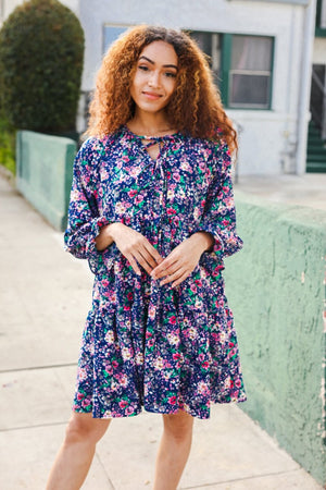 Feeling Joyful Navy Floral Bow Tie Babydoll Long Ruffle Sleeve Dress - Coeur de la Mode