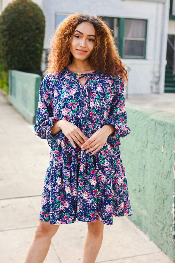 Feeling Joyful Navy Floral Bow Tie Babydoll Long Ruffle Sleeve Dress - Coeur de la Mode