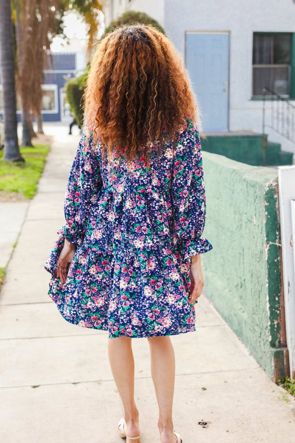 Feeling Joyful Navy Floral Bow Tie Babydoll Long Ruffle Sleeve Dress - Coeur de la Mode