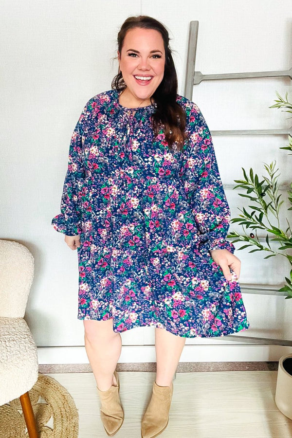 Feeling Joyful Navy Floral Bow Tie Babydoll Long Ruffle Sleeve Dress - Coeur de la Mode