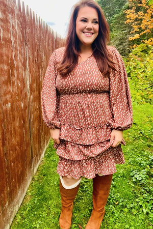 Feminine Flair Terracotta Leopard Print Ruffle Tiered Dress - Coeur de la Mode