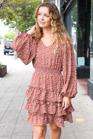 Feminine Flair Terracotta Leopard Print Ruffle Tiered Dress - Coeur de la Mode