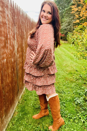 Feminine Flair Terracotta Leopard Print Ruffle Tiered Dress - Coeur de la Mode