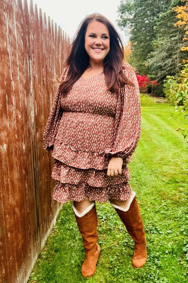 Feminine Flair Terracotta Leopard Print Ruffle Tiered Dress - Coeur de la Mode