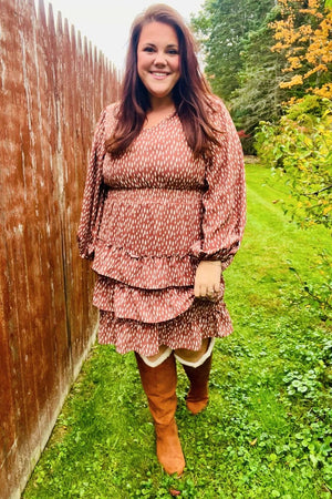 Feminine Flair Terracotta Leopard Print Ruffle Tiered Dress - Coeur de la Mode