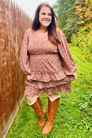 Feminine Flair Terracotta Leopard Print Ruffle Tiered Dress - Coeur de la Mode