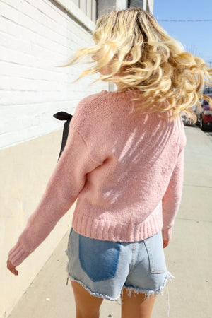 Find Love Pink Bow Detail Button Down Chunky Sweater Cardigan - Coeur de la Mode