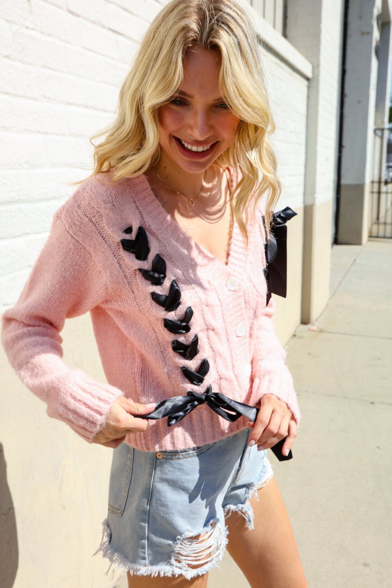 Find Love Pink Bow Detail Button Down Chunky Sweater Cardigan - Coeur de la Mode
