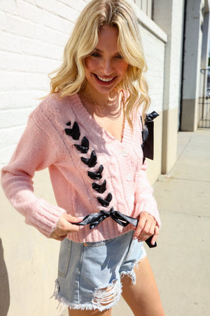 Find Love Pink Bow Detail Button Down Chunky Sweater Cardigan - Coeur de la Mode