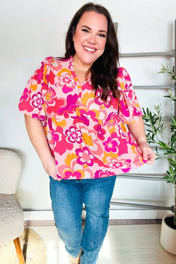 Find Love Pink/Yellow Floral Frill Balloon Short Sleeve Top - Coeur de la Mode
