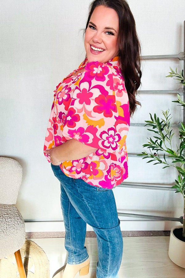 Find Love Pink/Yellow Floral Frill Balloon Short Sleeve Top - Coeur de la Mode