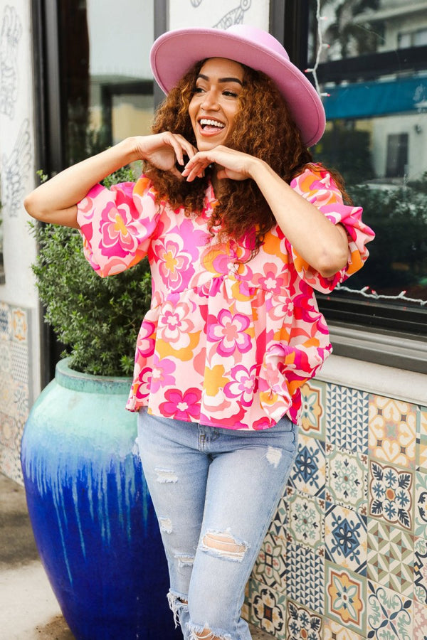 Find Love Pink/Yellow Floral Frill Balloon Short Sleeve Top - Coeur de la Mode