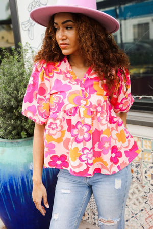 Find Love Pink/Yellow Floral Frill Balloon Short Sleeve Top - Coeur de la Mode
