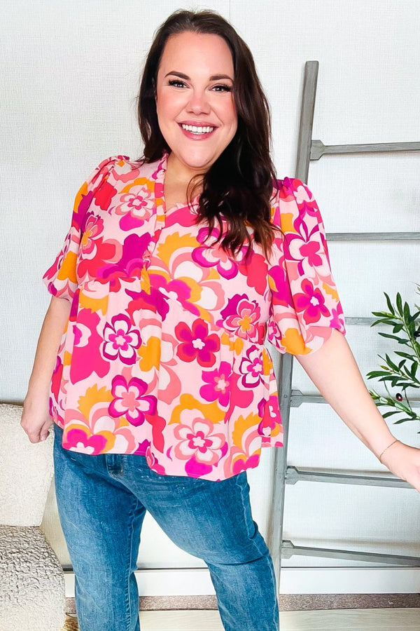 Find Love Pink/Yellow Floral Frill Balloon Short Sleeve Top - Coeur de la Mode