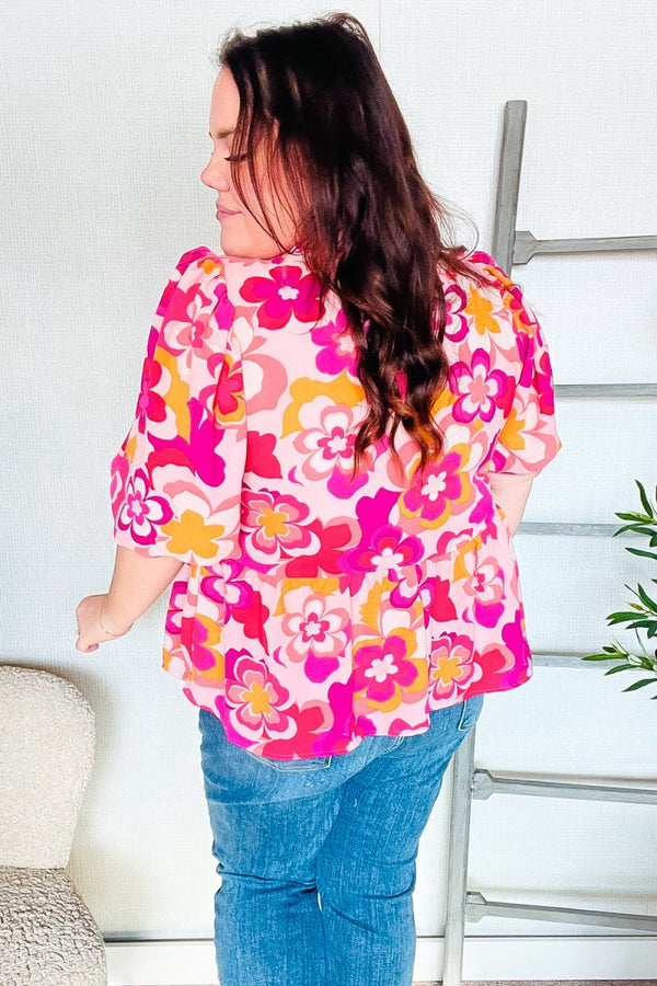 Find Love Pink/Yellow Floral Frill Balloon Short Sleeve Top - Coeur de la Mode