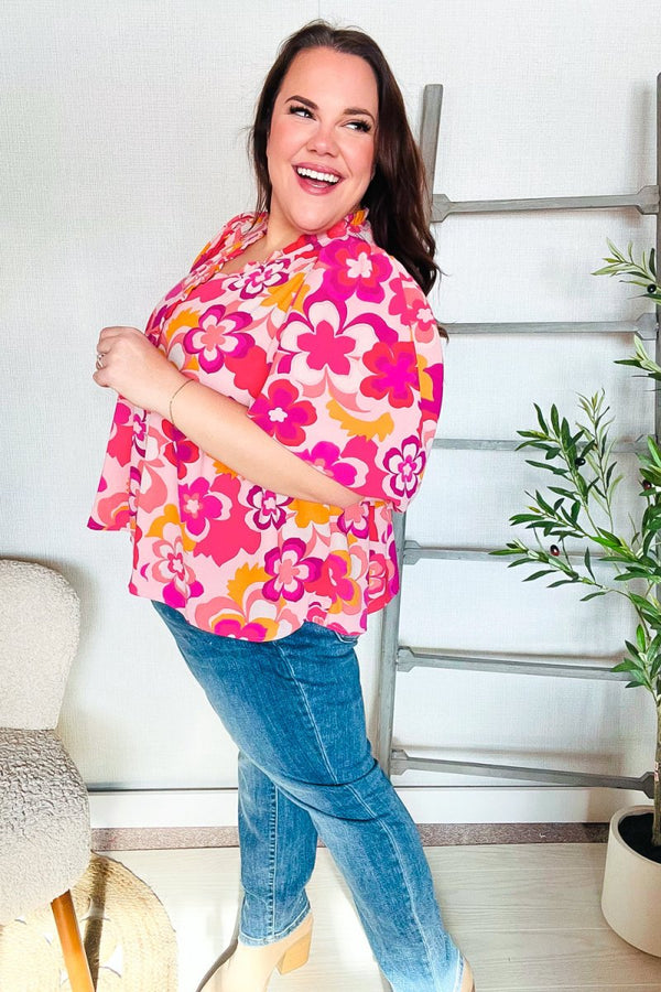 Find Love Pink/Yellow Floral Frill Balloon Short Sleeve Top - Coeur de la Mode