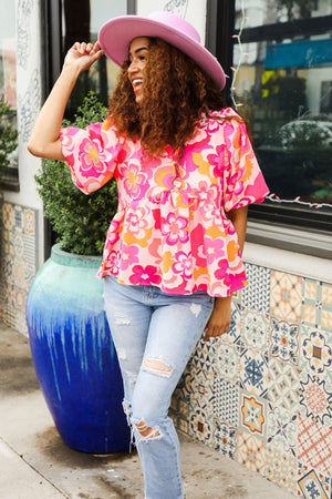 Find Love Pink/Yellow Floral Frill Balloon Short Sleeve Top - Coeur de la Mode