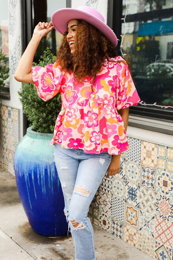 Find Love Pink/Yellow Floral Frill Balloon Short Sleeve Top - Coeur de la Mode