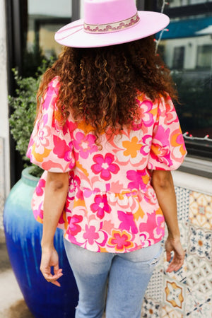 Find Love Pink/Yellow Floral Frill Balloon Short Sleeve Top - Coeur de la Mode