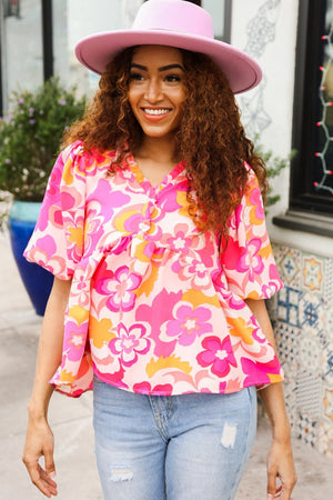Find Love Pink/Yellow Floral Frill Balloon Short Sleeve Top - Coeur de la Mode