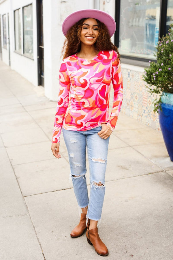 Find Love Red/Pink Fitted Floral Print Buttery Soft Knit Top - Coeur de la Mode