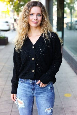 Follow Me Black Pointelle Knit Button Down Cardigan - Coeur de la Mode