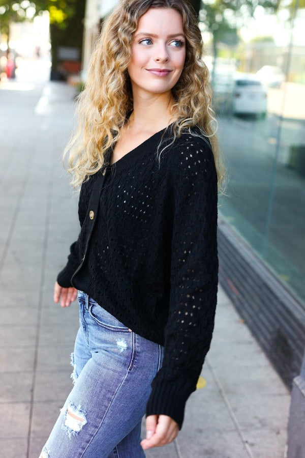 Follow Me Black Pointelle Knit Button Down Cardigan - Coeur de la Mode