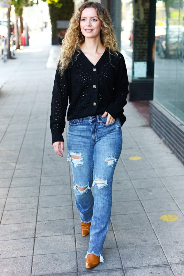 Follow Me Black Pointelle Knit Button Down Cardigan - Coeur de la Mode