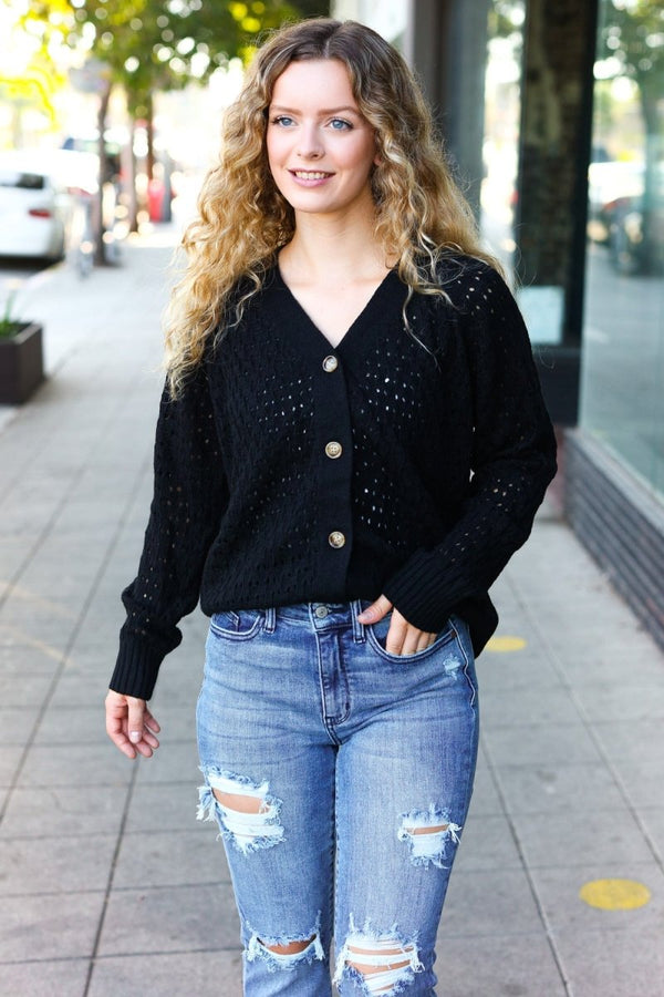 Follow Me Black Pointelle Knit Button Down Cardigan - Coeur de la Mode