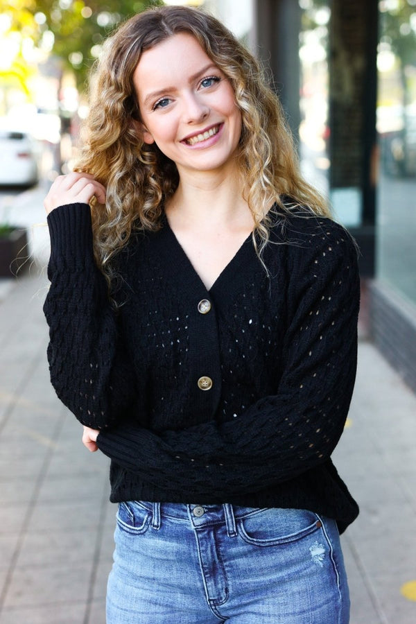Follow Me Black Pointelle Knit Button Down Cardigan - Coeur de la Mode