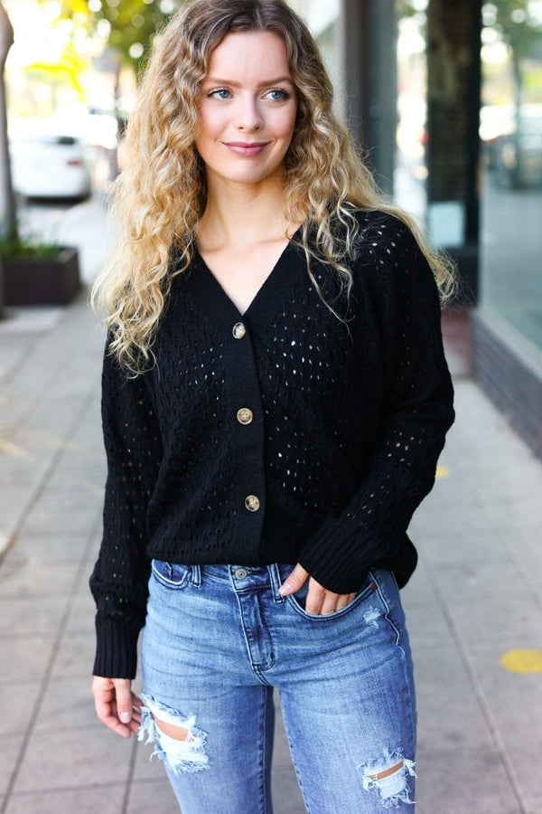 Follow Me Black Pointelle Knit Button Down Cardigan - Coeur de la Mode