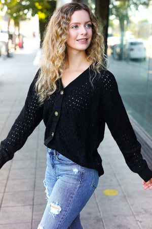 Follow Me Black Pointelle Knit Button Down Cardigan - Coeur de la Mode