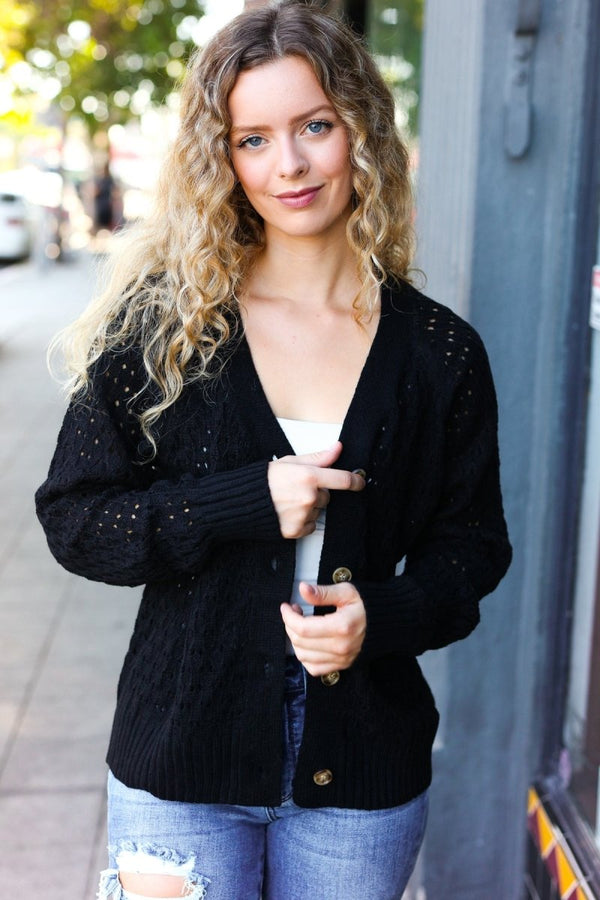 Follow Me Black Pointelle Knit Button Down Cardigan - Coeur de la Mode