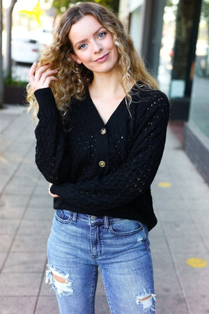 Follow Me Black Pointelle Knit Button Down Cardigan - Coeur de la Mode