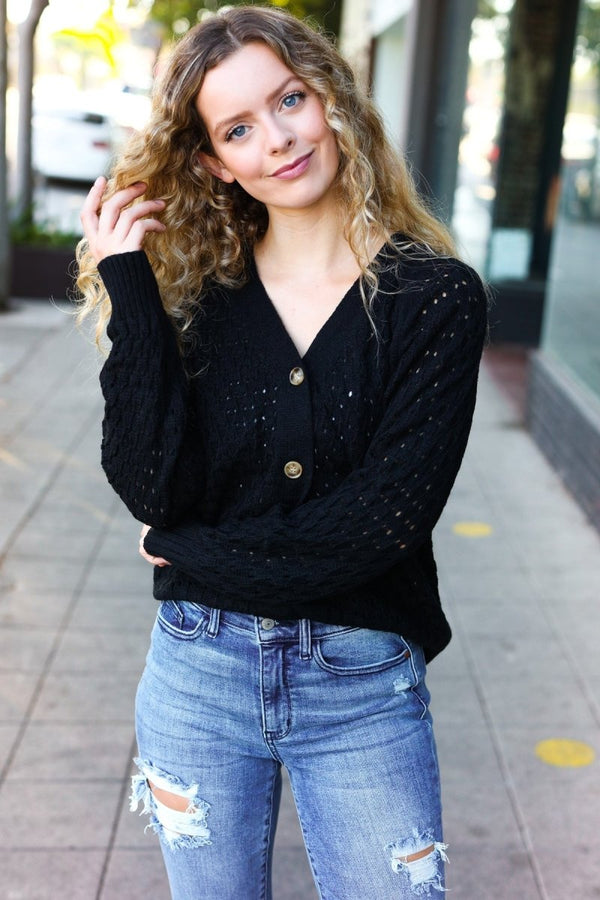 Follow Me Black Pointelle Knit Button Down Cardigan - Coeur de la Mode