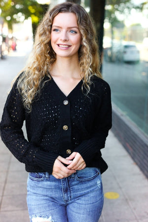 Follow Me Black Pointelle Knit Button Down Cardigan - Coeur de la Mode