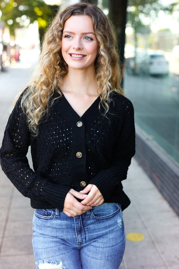 Follow Me Black Pointelle Knit Button Down Cardigan - Coeur de la Mode