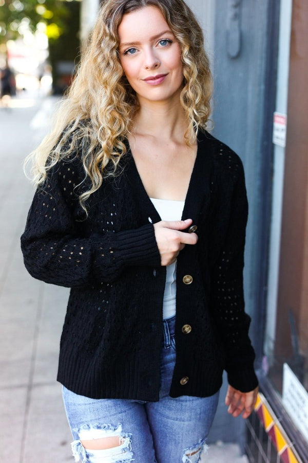 Follow Me Black Pointelle Knit Button Down Cardigan - Coeur de la Mode