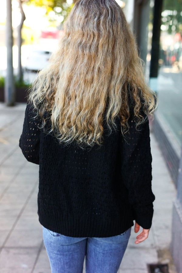 Follow Me Black Pointelle Knit Button Down Cardigan - Coeur de la Mode