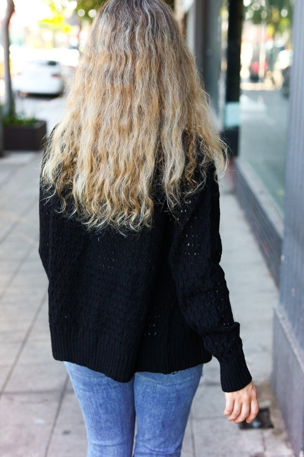 Follow Me Black Pointelle Knit Button Down Cardigan - Coeur de la Mode