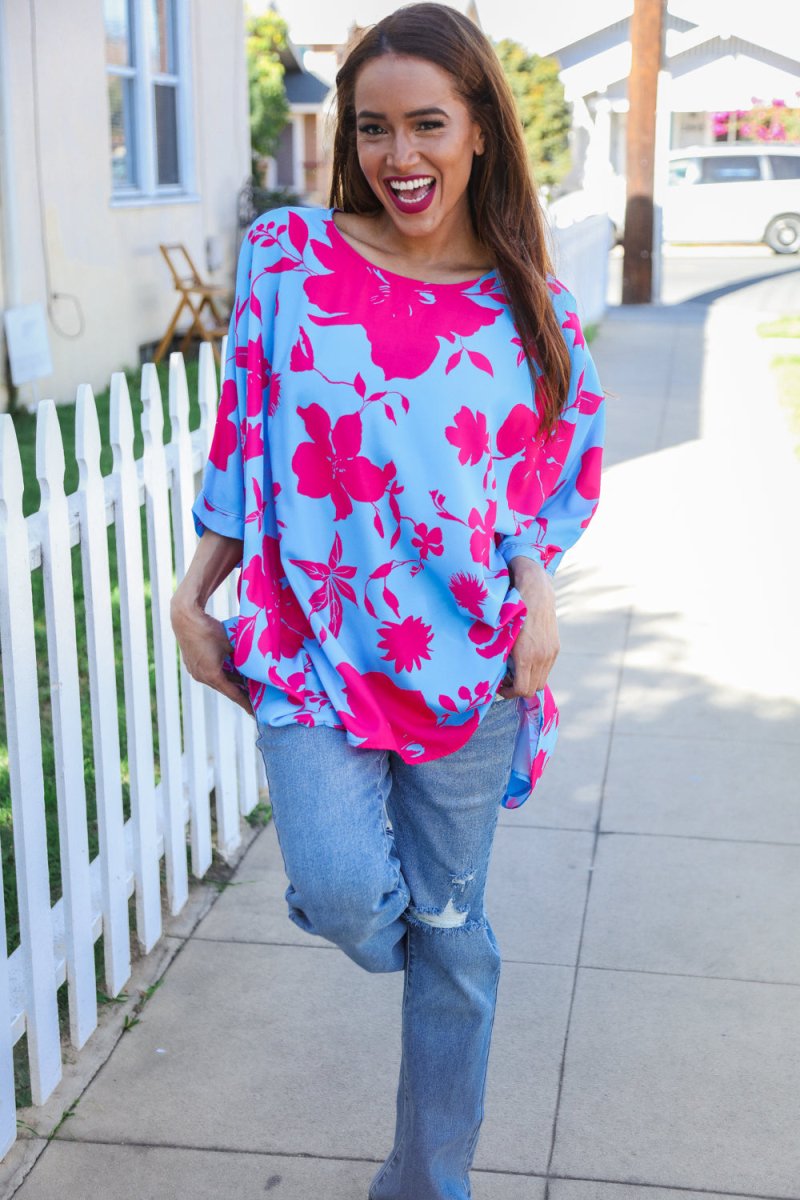 Follow Me Fuchsia Floral Asymmetrical Coverup Blouse - Coeur de la Mode