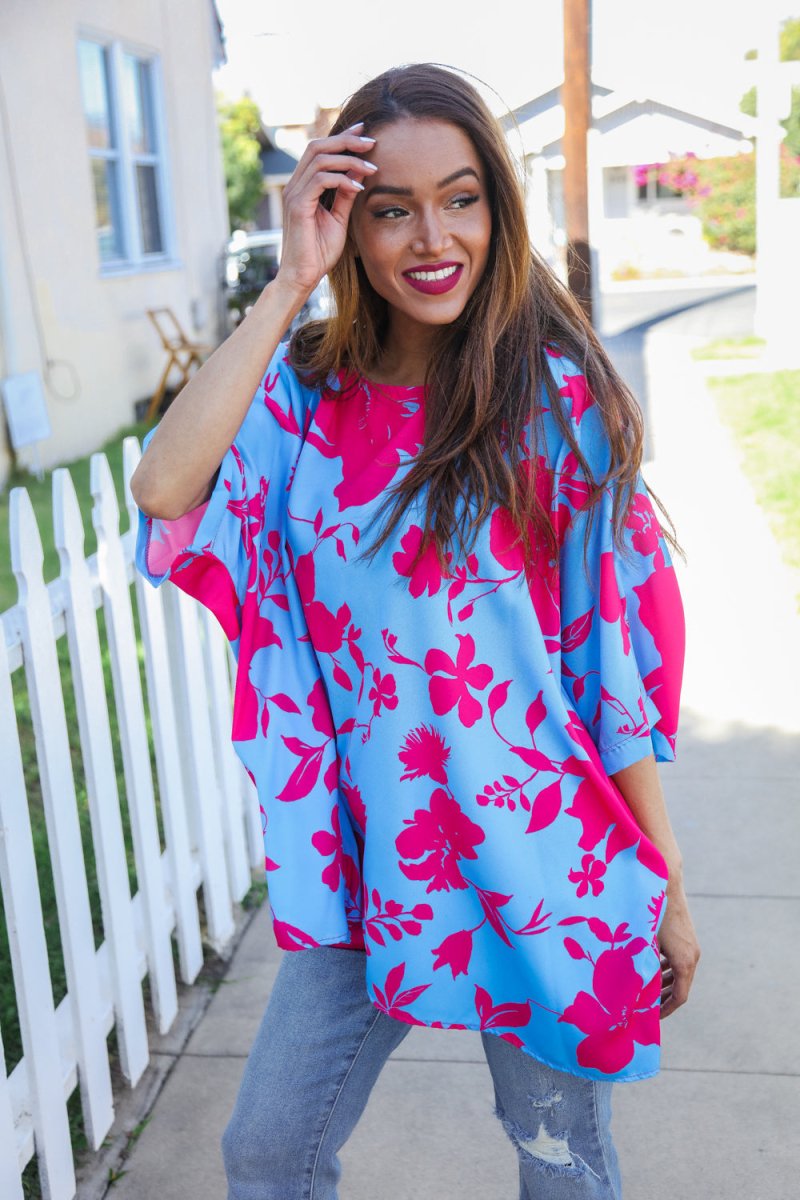 Follow Me Fuchsia Floral Asymmetrical Coverup Blouse - Coeur de la Mode