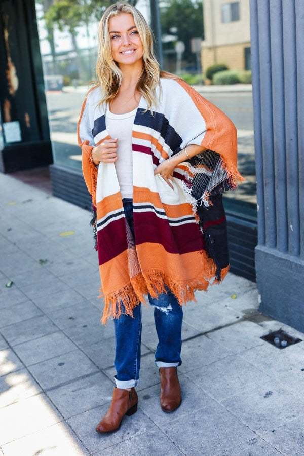 Follow Me Rust Multicolor Stripe Tassel Fringe Open Poncho - Coeur de la Mode