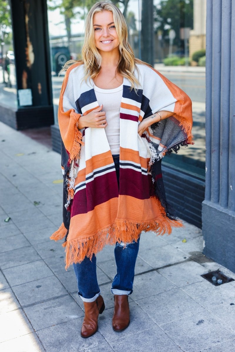 Follow Me Rust Multicolor Stripe Tassel Fringe Open Poncho - Coeur de la Mode