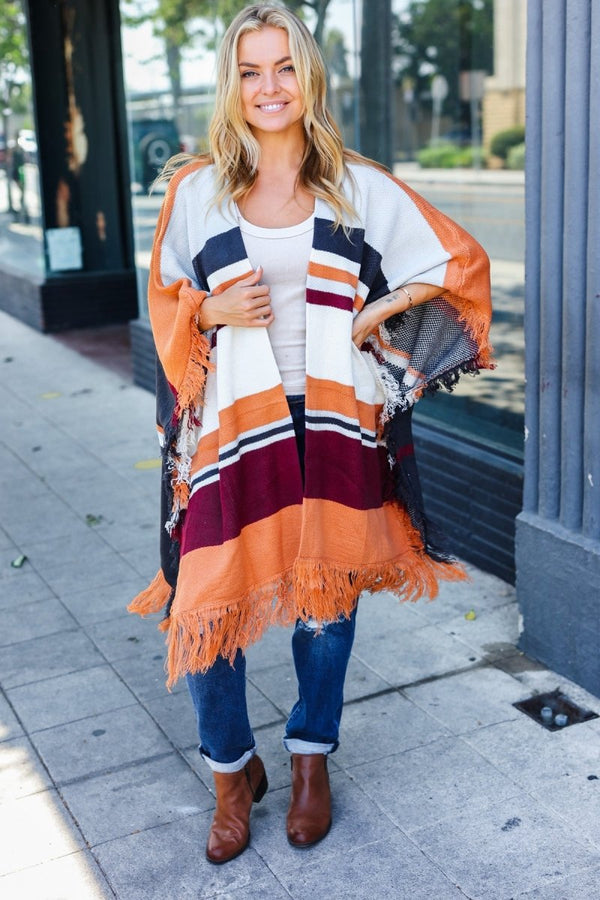 Follow Me Rust Multicolor Stripe Tassel Fringe Open Poncho - Coeur de la Mode
