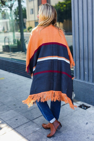 Follow Me Rust Multicolor Stripe Tassel Fringe Open Poncho - Coeur de la Mode