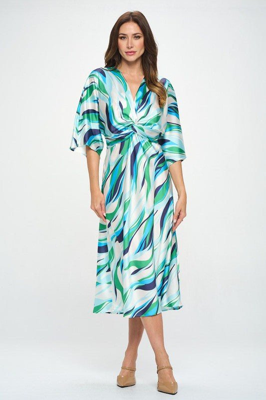 Front Twist Multi Color Print Satin Dress - Coeur de la Mode