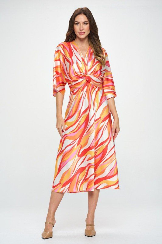 Front Twist Multi Color Print Satin Dress - Coeur de la Mode